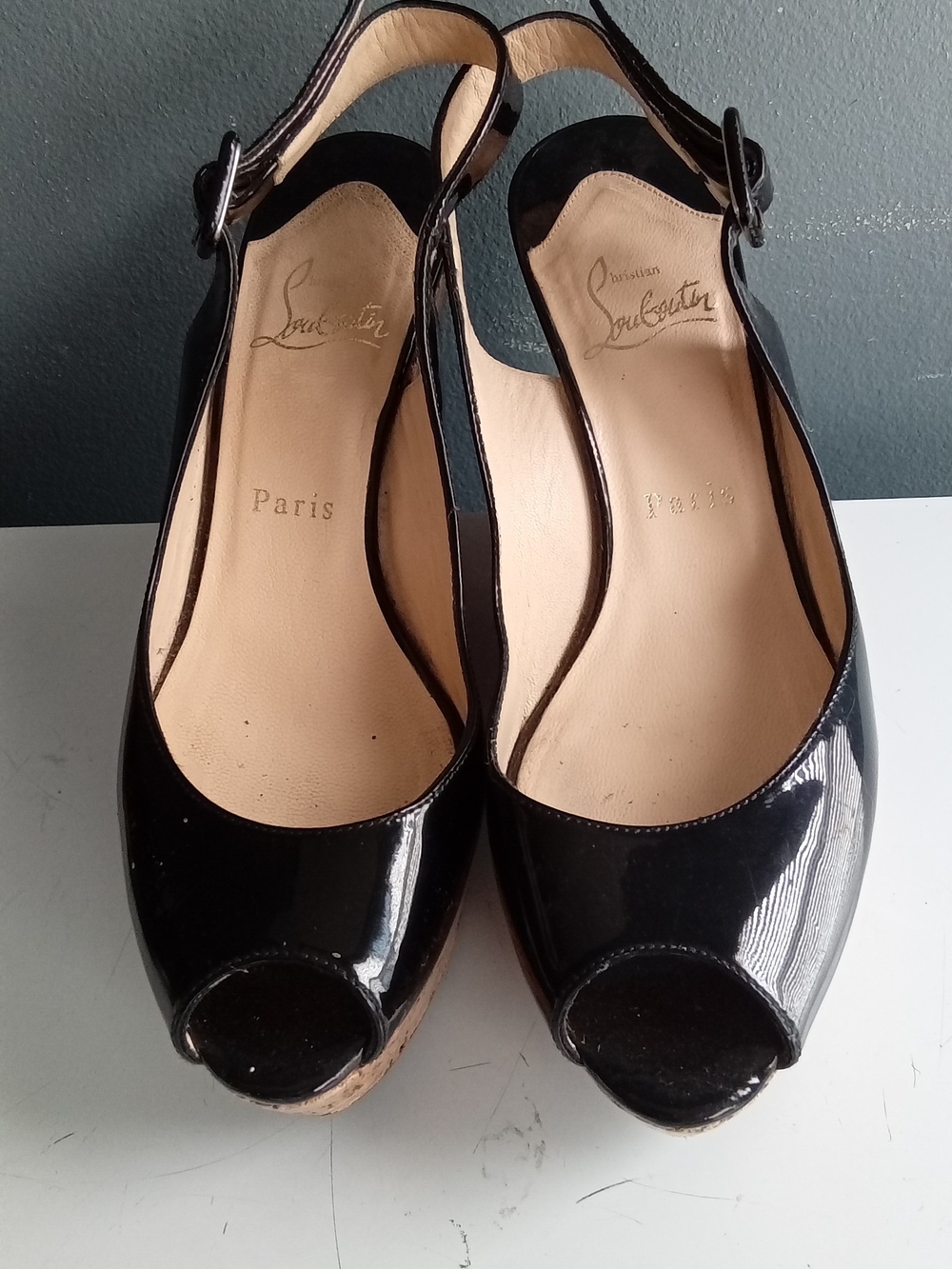 Christian Louboutin Black Patent Peep-Toe Wedge Slingbacks